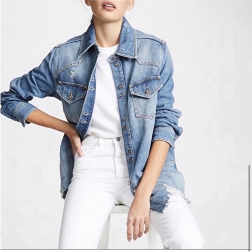 Free People - Moonchild Distressed Denim Long Shirt Jacket XS